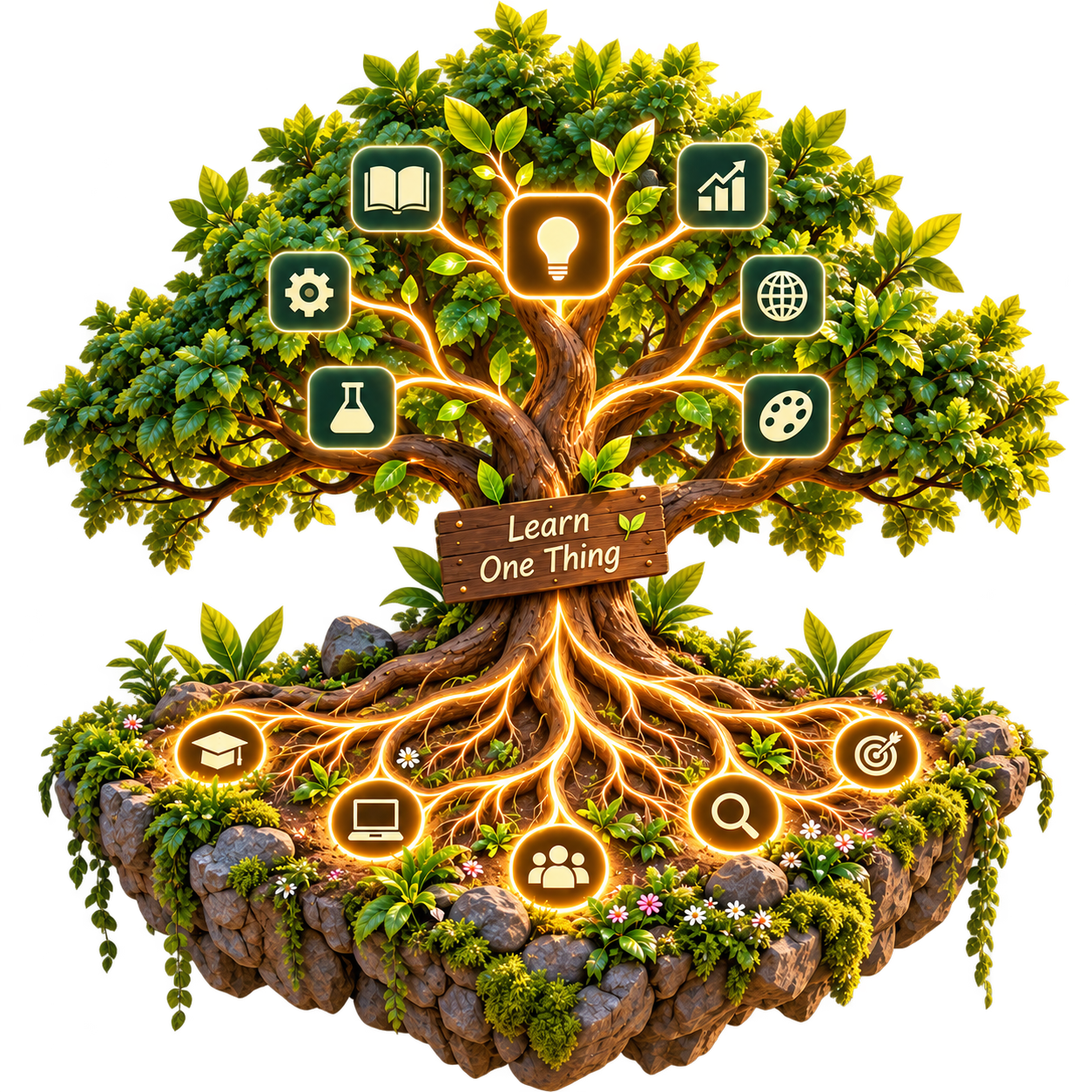 A knowledge tree whose branches carry glowing concepts