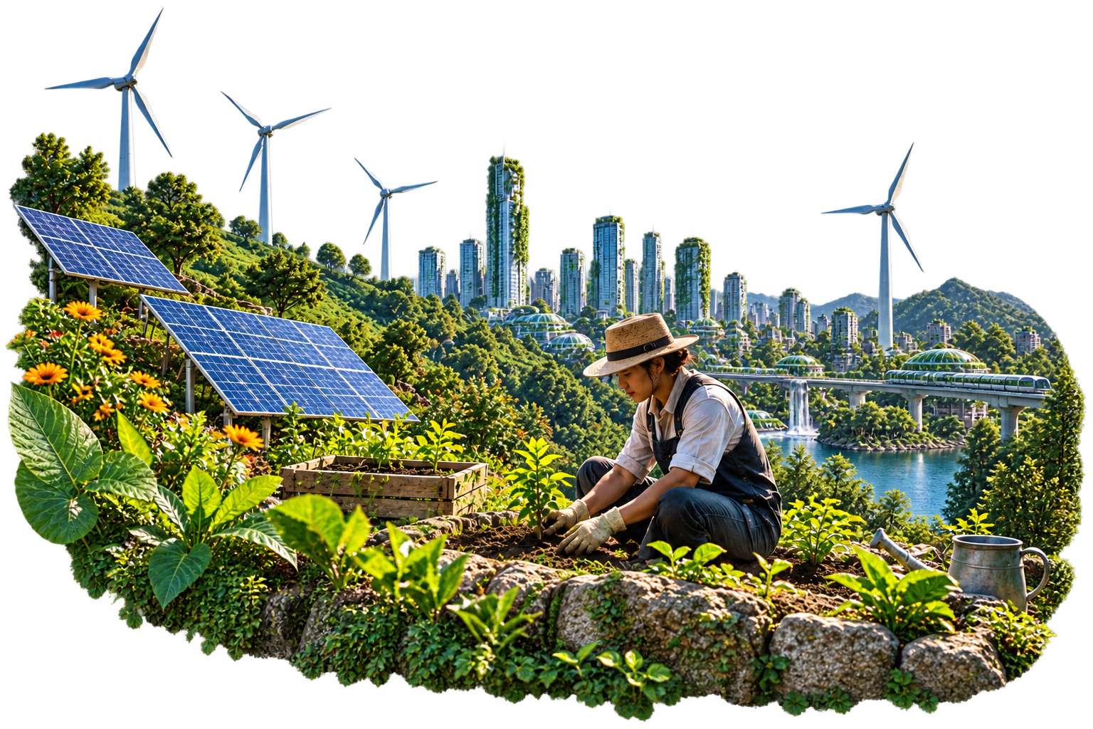A person installing a solar panel among plants in daylight